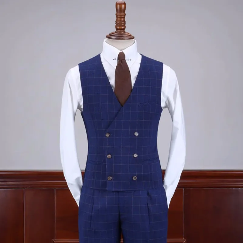 Stylish Dark Blue Plaid Notched Lapel 3 Piece Business Suit