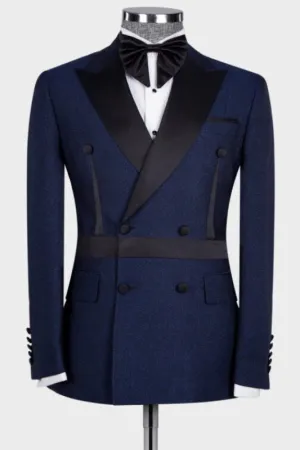 Stylish Navy Blue Peaked Lapel Double Breasted Prom Suit for Men