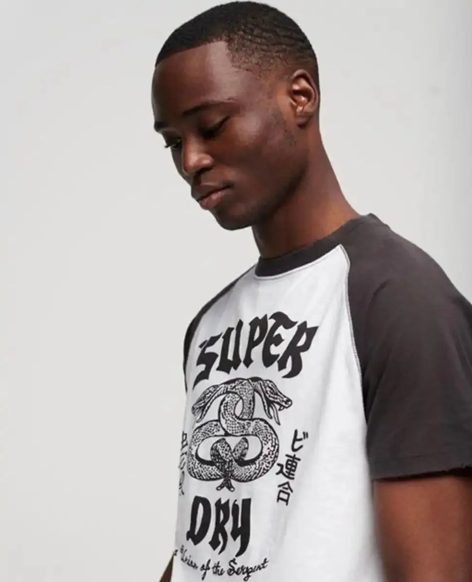 Superdry Mens Blackout Rock Graphic Raglan T-Shirt White/Grey