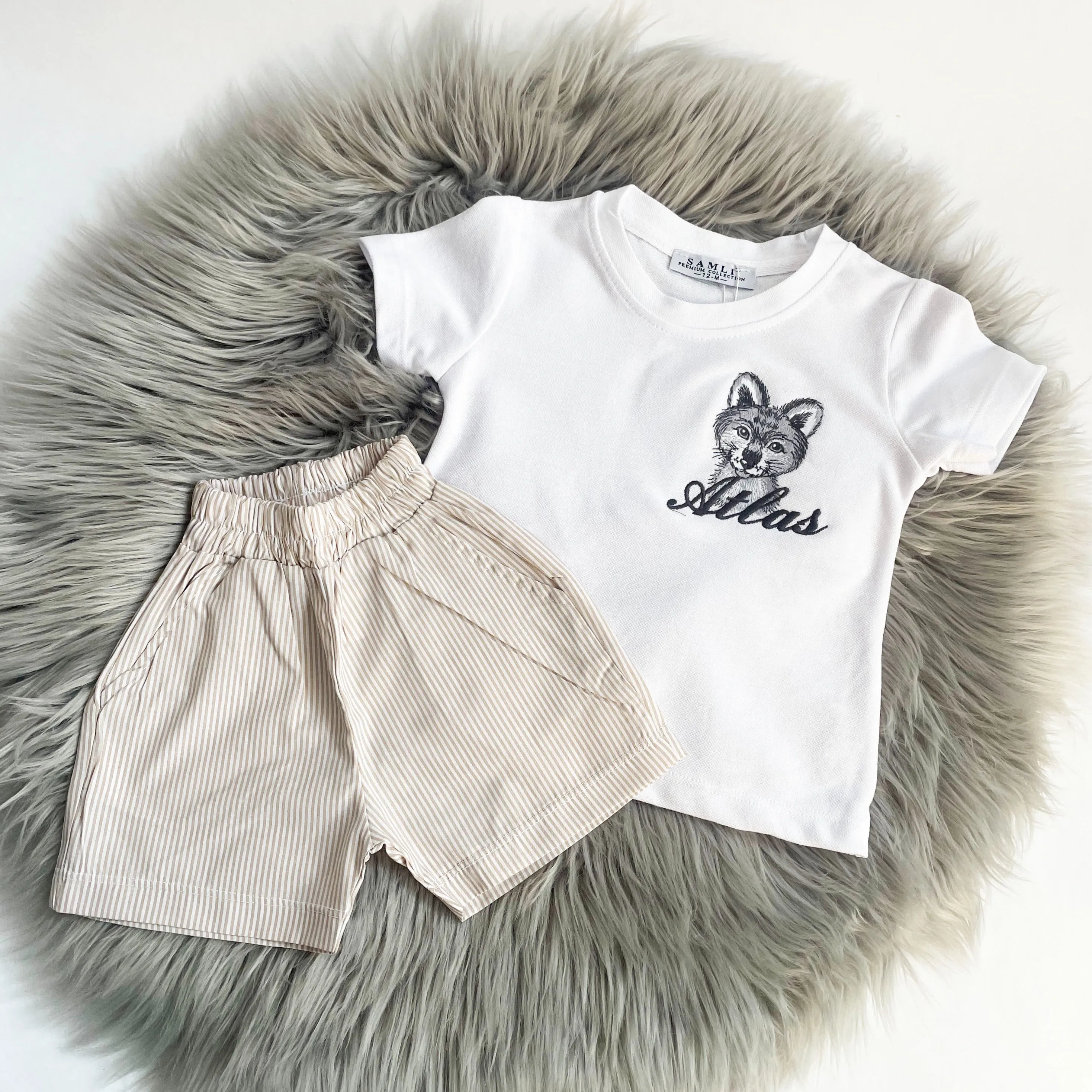T-shirt & Beige Pinstripe Shorts Set (Can be personalised)