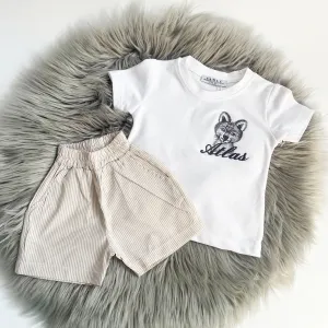 T-shirt & Beige Pinstripe Shorts Set (Can be personalised)
