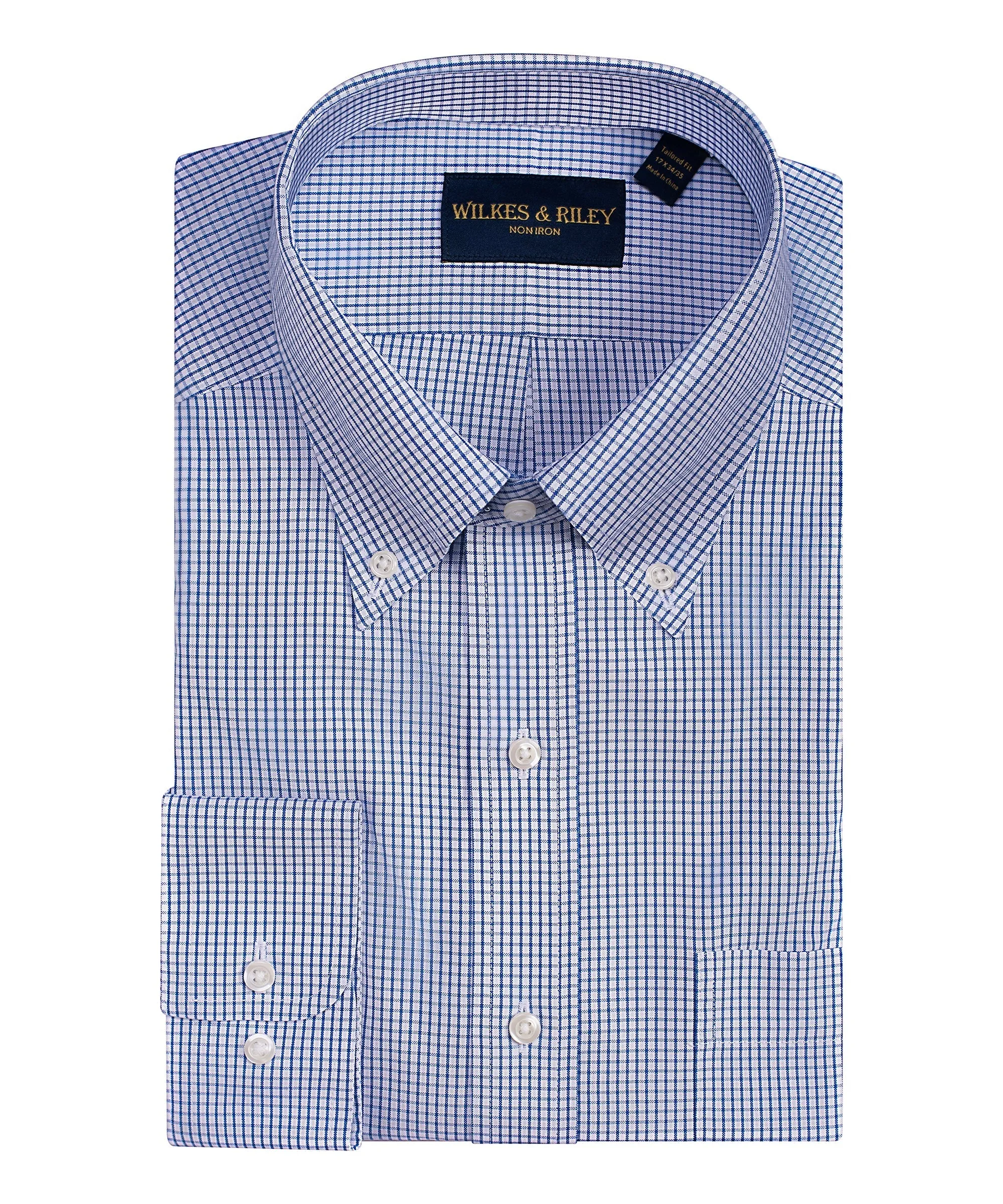 Tailored Fit Blue graph Check Button-Down Collar Non-Iron Pinpoint Oxford Dress Shirt