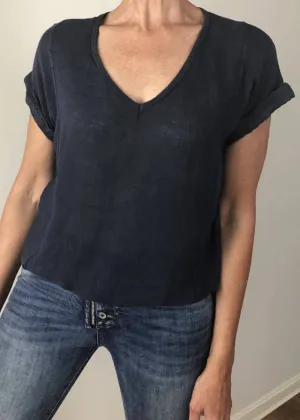TALIA BENSON  Italian Linen T-Shirt With Band One Size - Navy