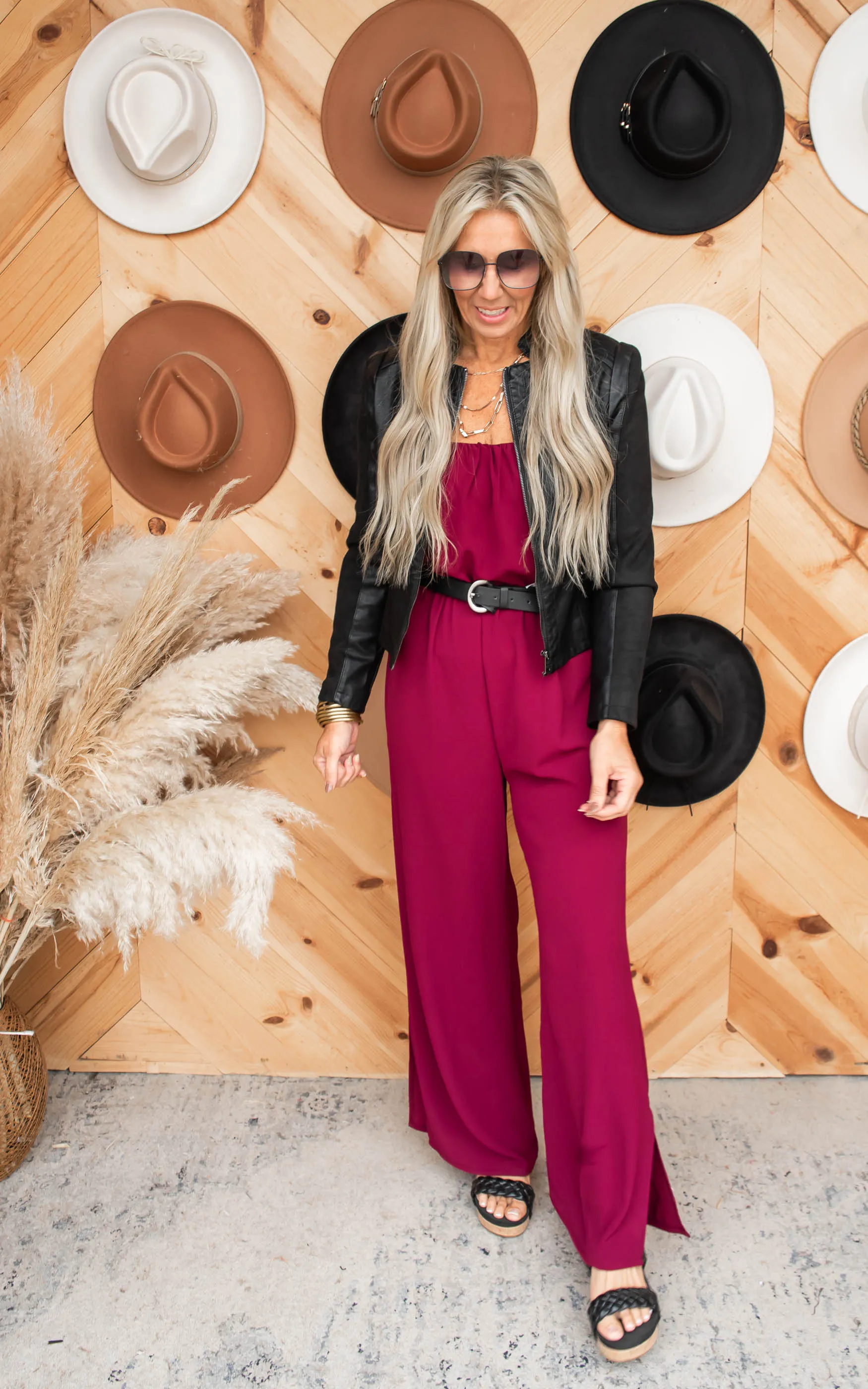 Textured Wine Tie Shoulder Ruched Jumpsuit - Final Sale