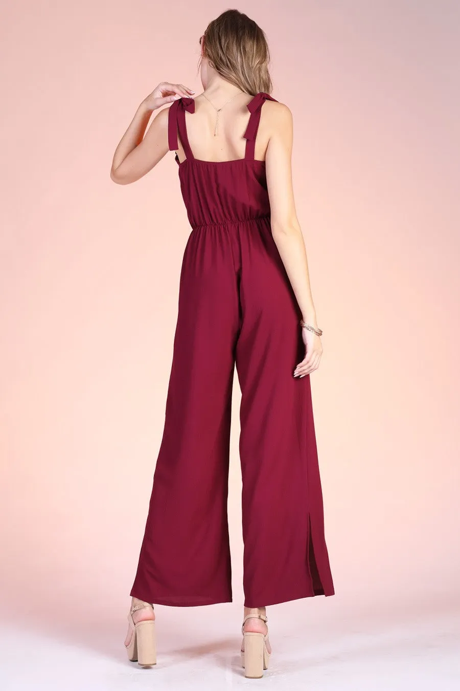 Textured Wine Tie Shoulder Ruched Jumpsuit - Final Sale