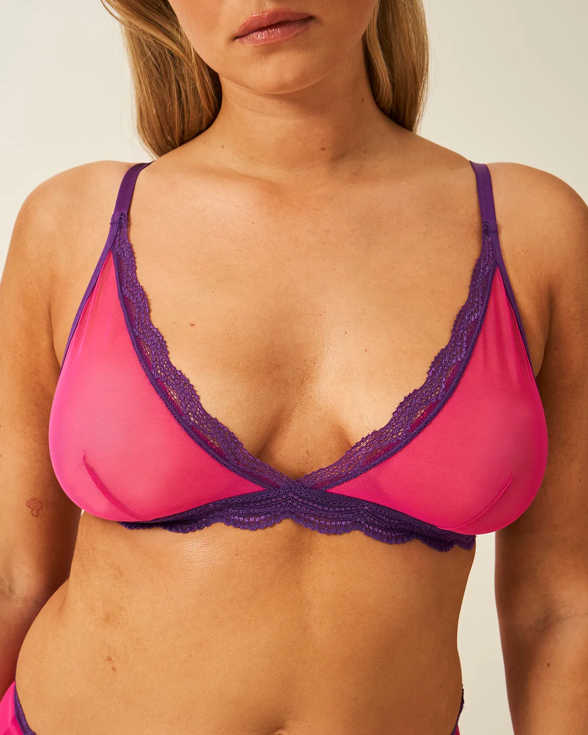 Triangle Lace Mesh Bra - Raspberry & Purple