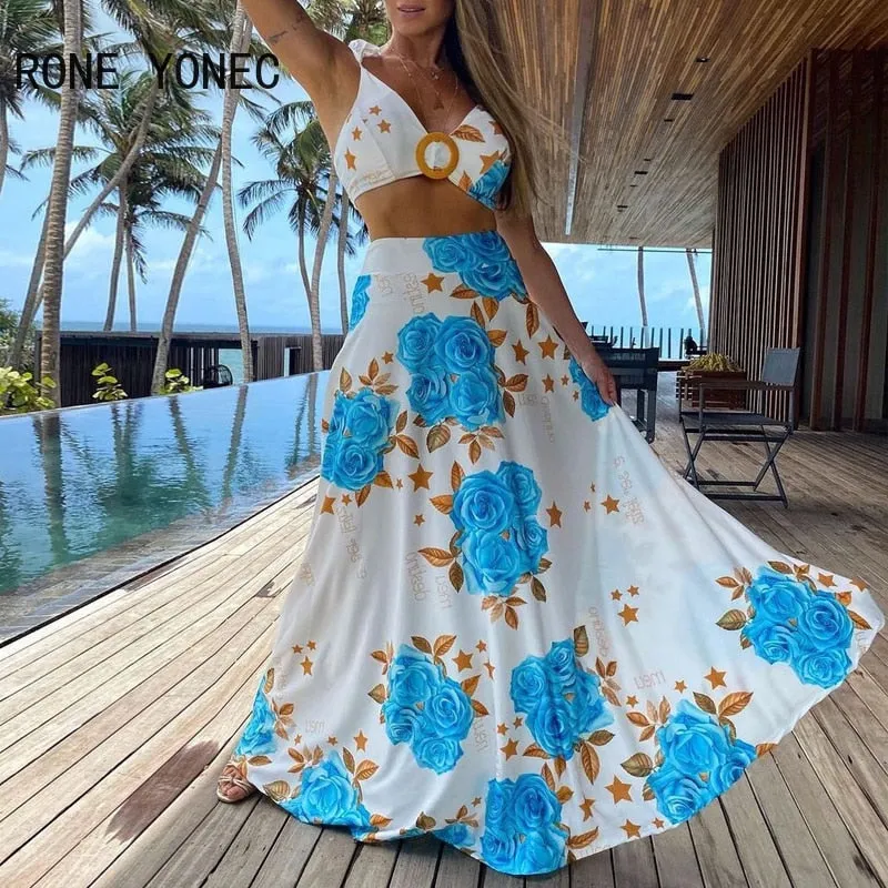 Two Piece Set Floral Print Deep V Neck Maxi Skirt Set