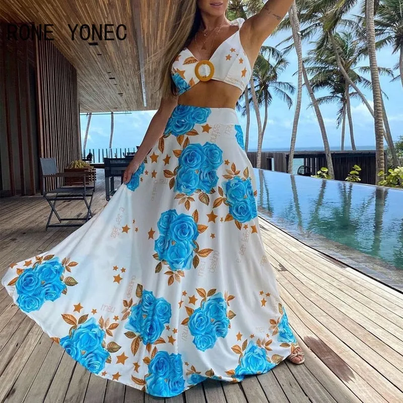 Two Piece Set Floral Print Deep V Neck Maxi Skirt Set