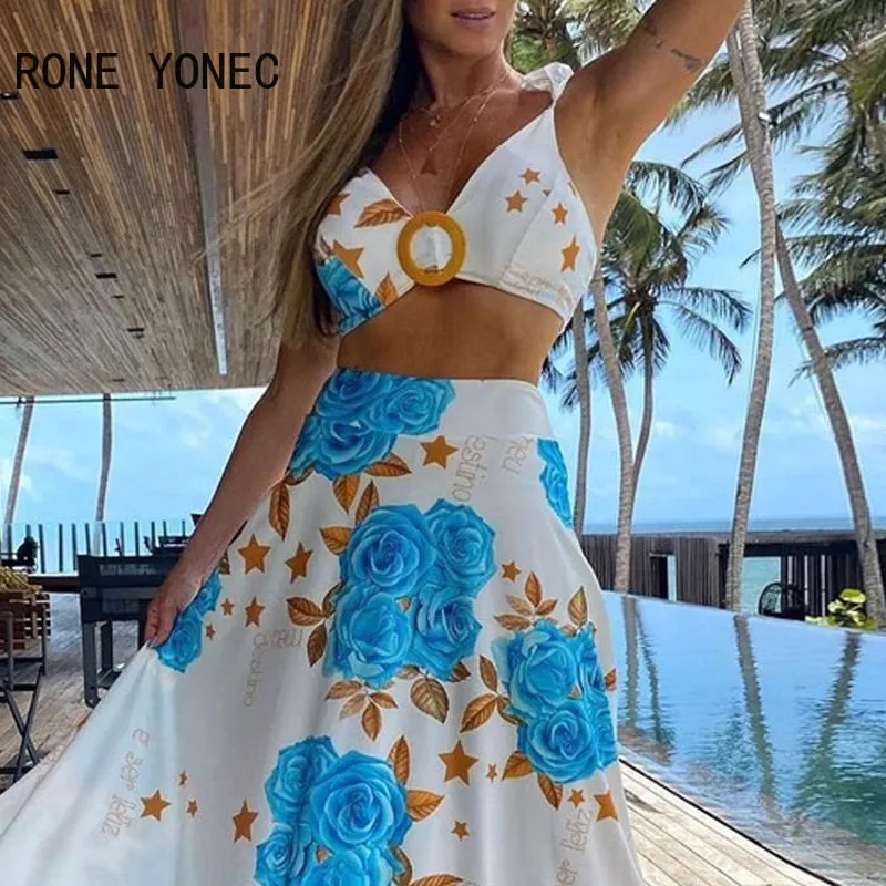 Two Piece Set Floral Print Deep V Neck Maxi Skirt Set