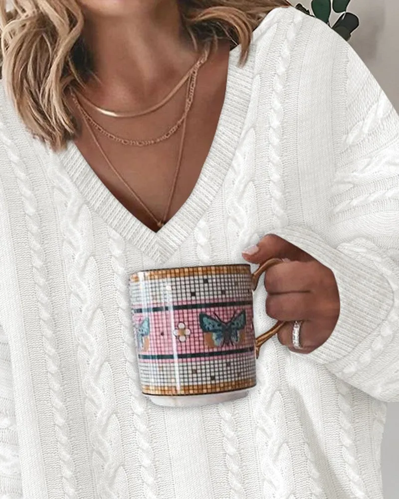 V Neck Asymmetrical Braided Knit Sweater
