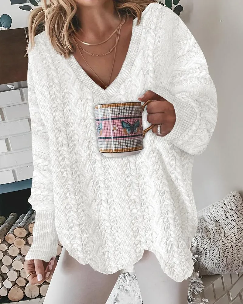 V Neck Asymmetrical Braided Knit Sweater