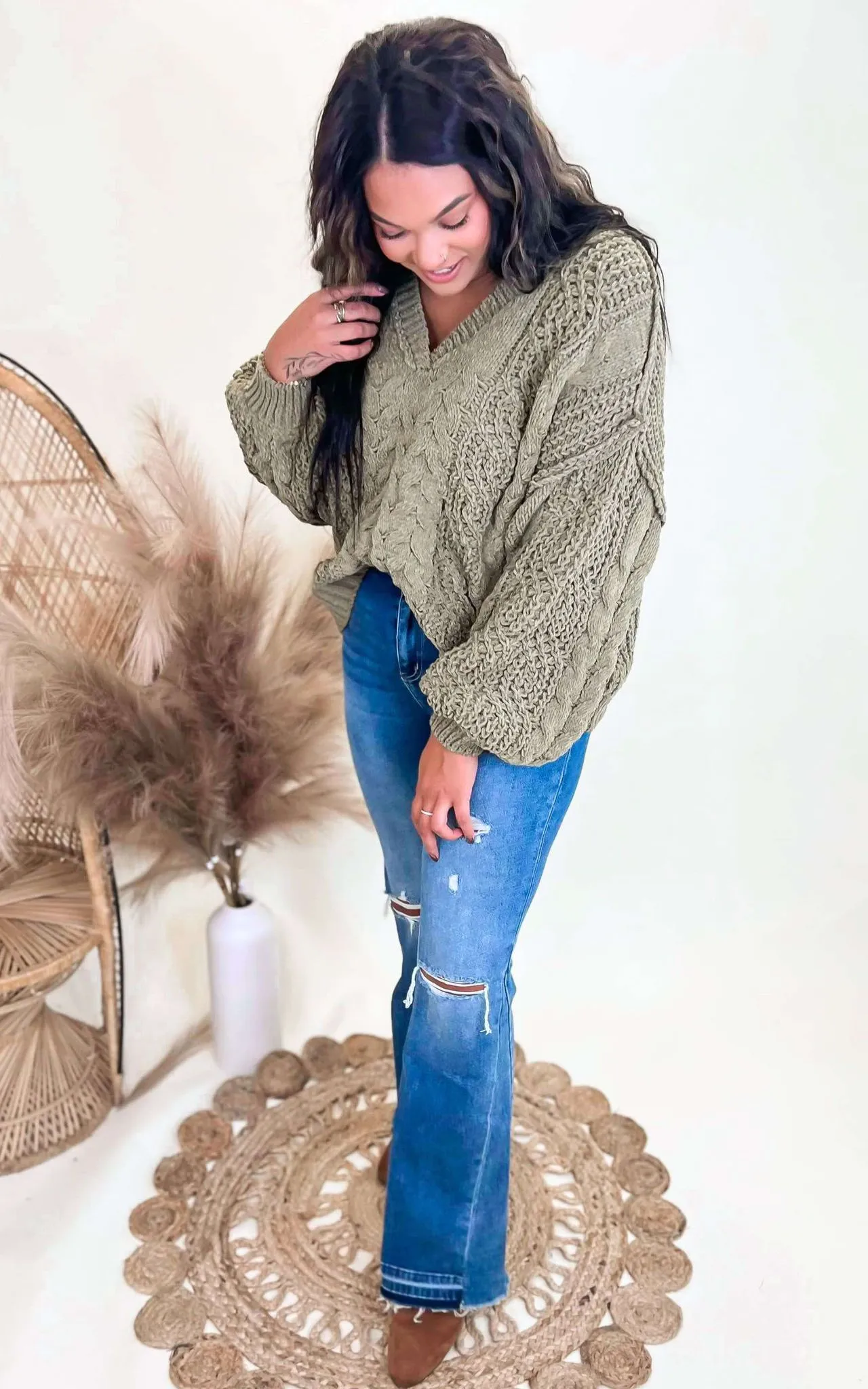 V-Neck Cropped Chanille Sweater | POL - Final Sale**
