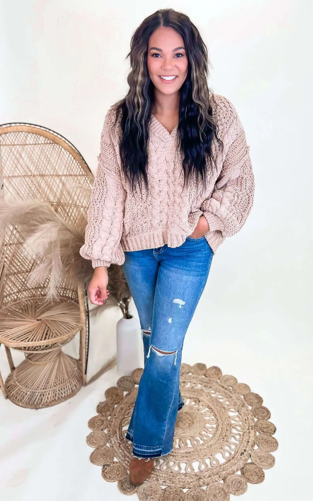V-Neck Cropped Chanille Sweater | POL - Final Sale**