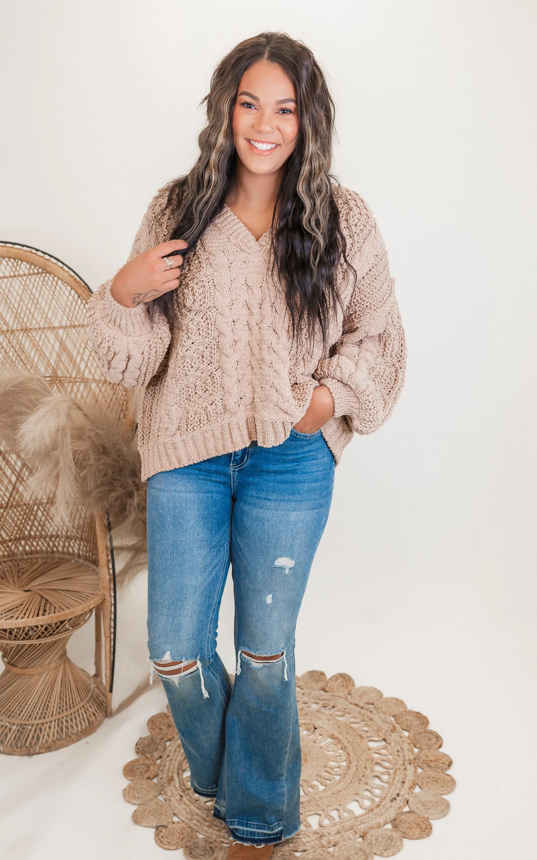 V-Neck Cropped Chanille Sweater | POL - Final Sale**