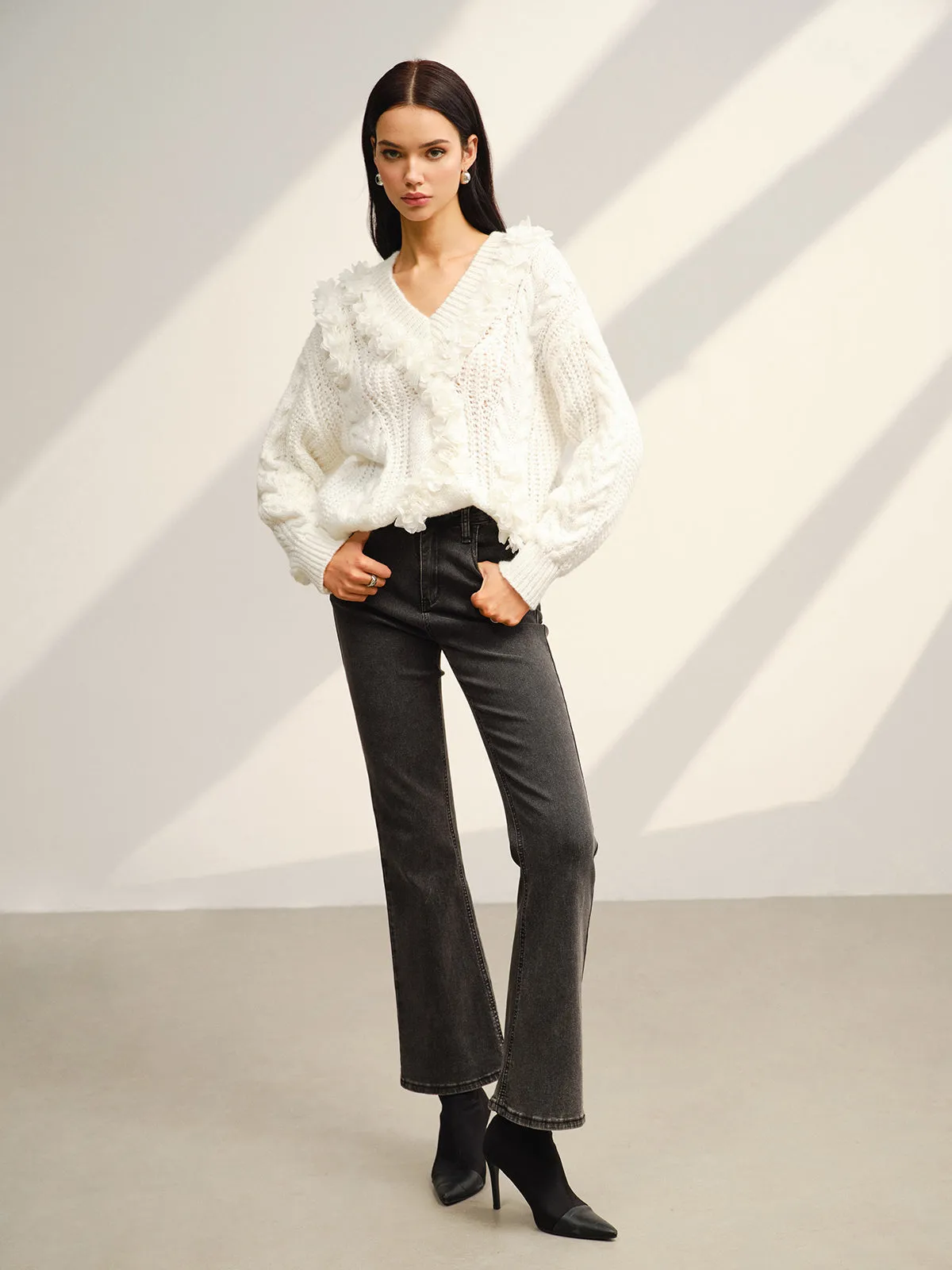 V-Neck Floral-Decor Shift Sweater