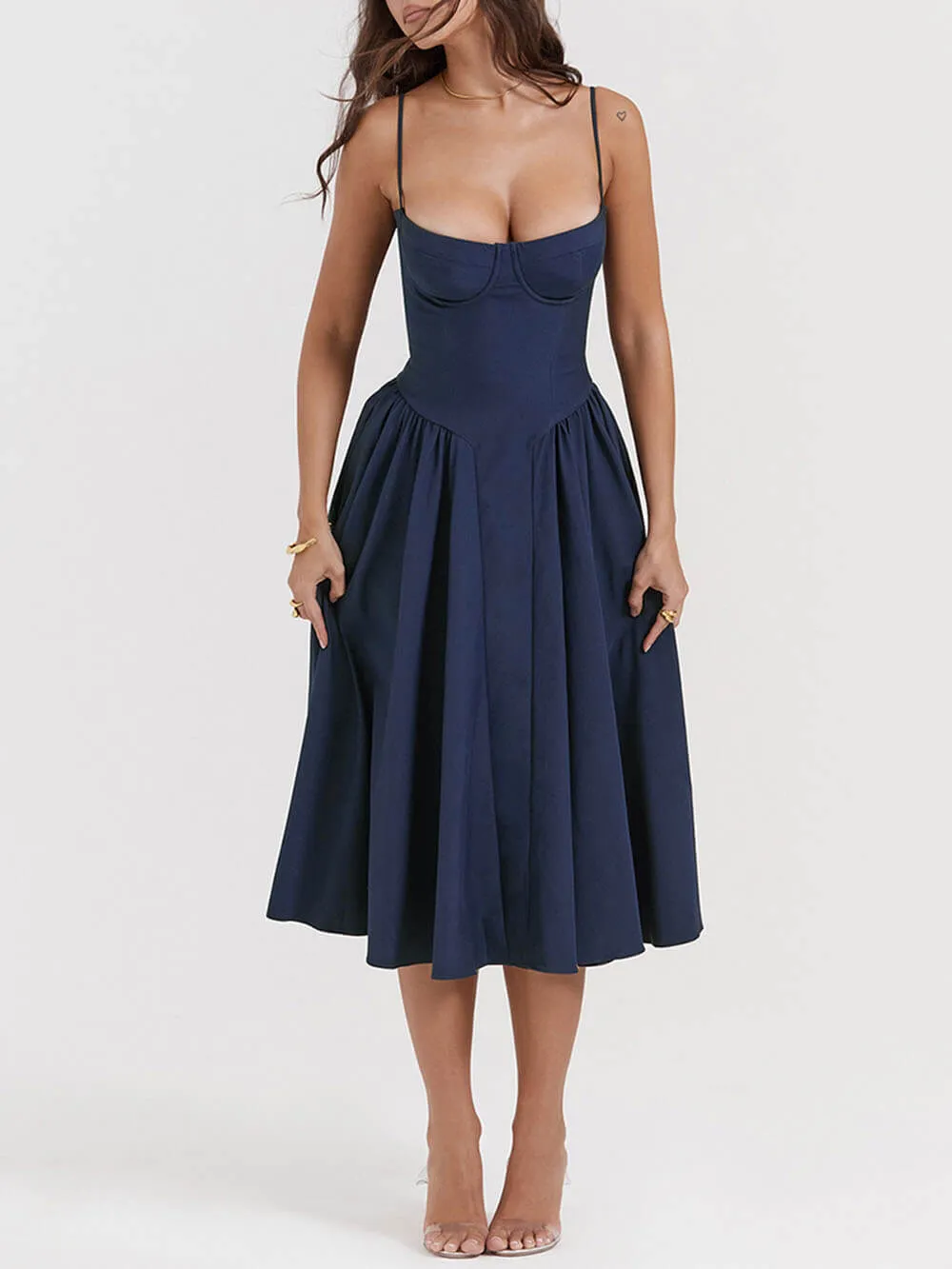 V-Neck Strapless Stylish Midi Dress
