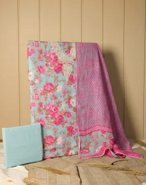 Vintage Charm Floral Printed Linen Unstitched Suit Set
