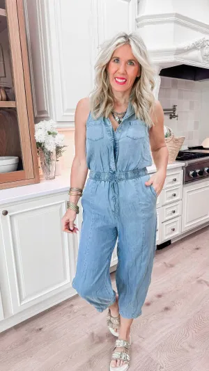 Washed Tencel Sleeveless Denim Jumpsuit**