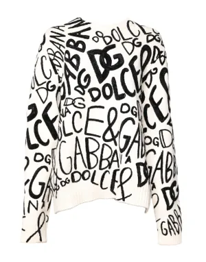 White Black Logo Print Women Pullover Sweater