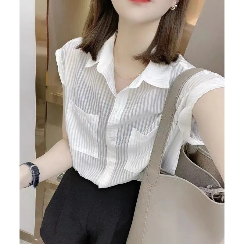 White Cap Sleeved Button Down Shirt