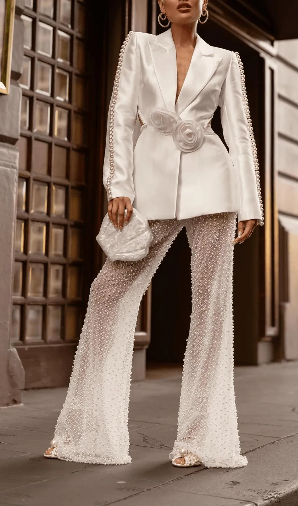 WHITE HOLLOW TIGHT TROUSERS TWO-PIECE SET