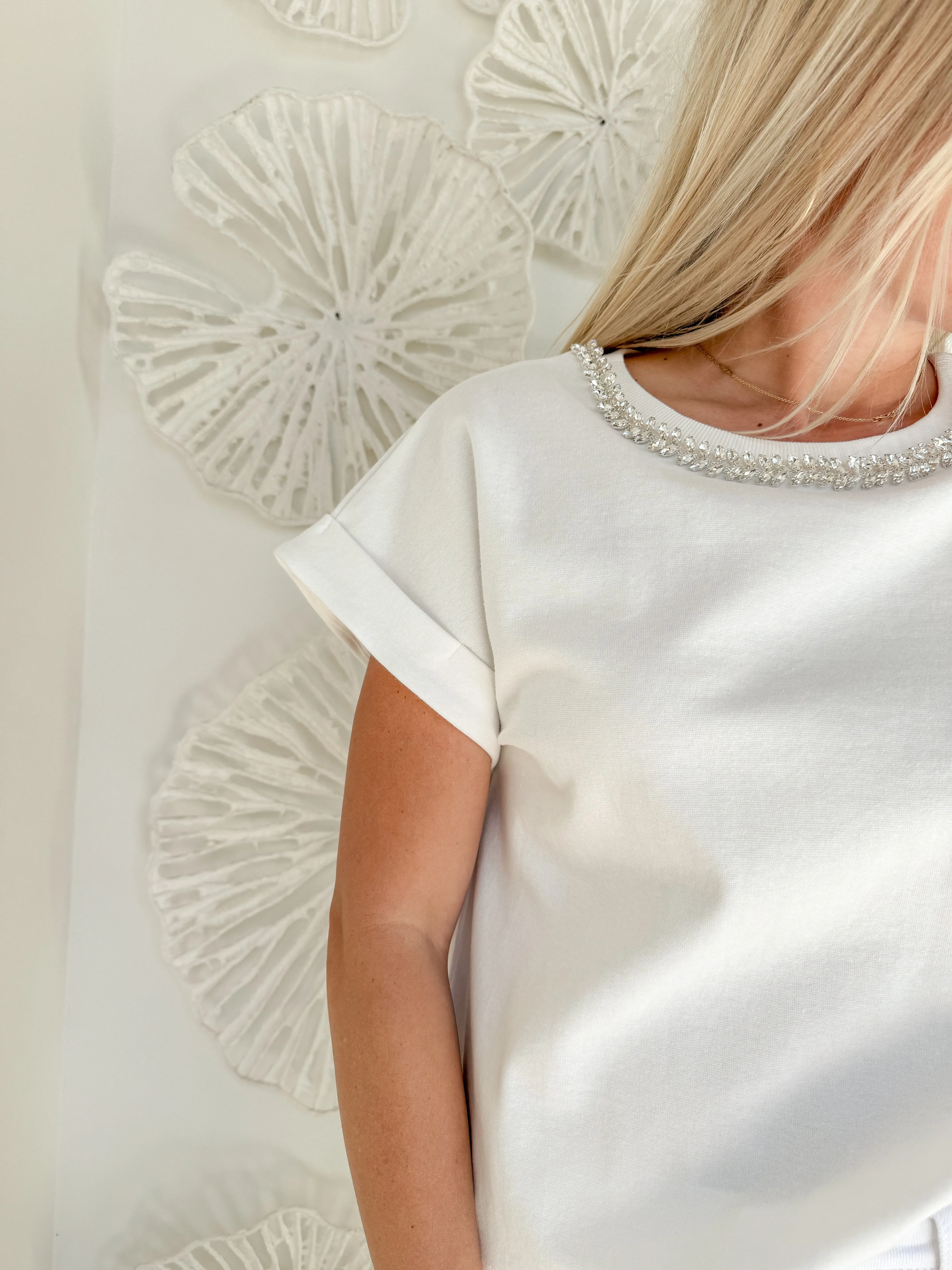 White Rhinestone Collar Blouse