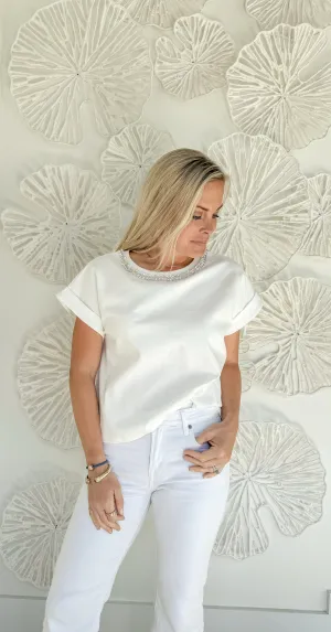 White Rhinestone Collar Blouse