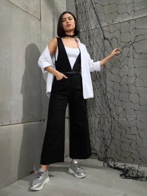 Women Jet Black Deep V-Neck Denim Flared Leg Jumpsuit