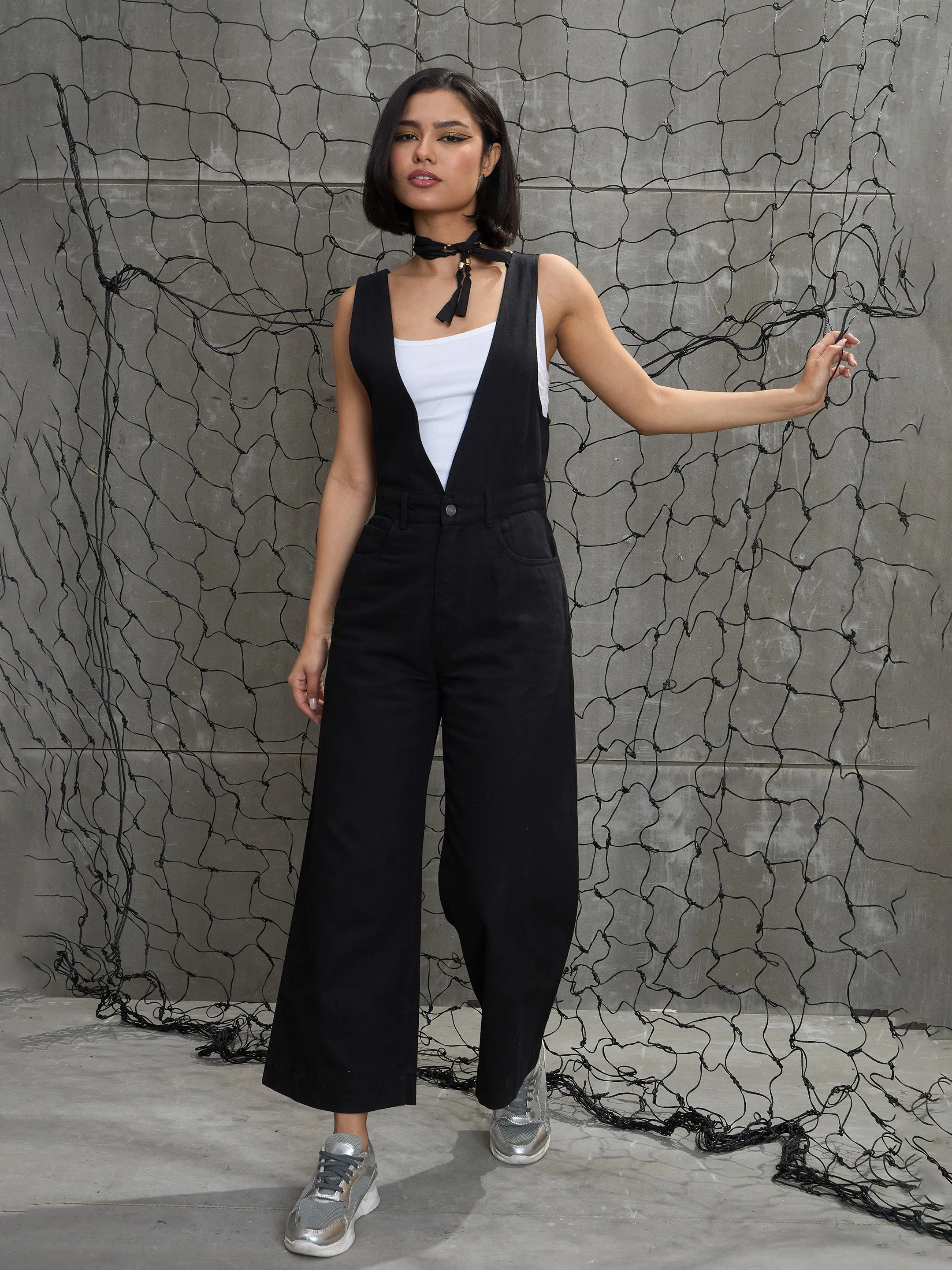 Women Jet Black Deep V-Neck Denim Flared Leg Jumpsuit