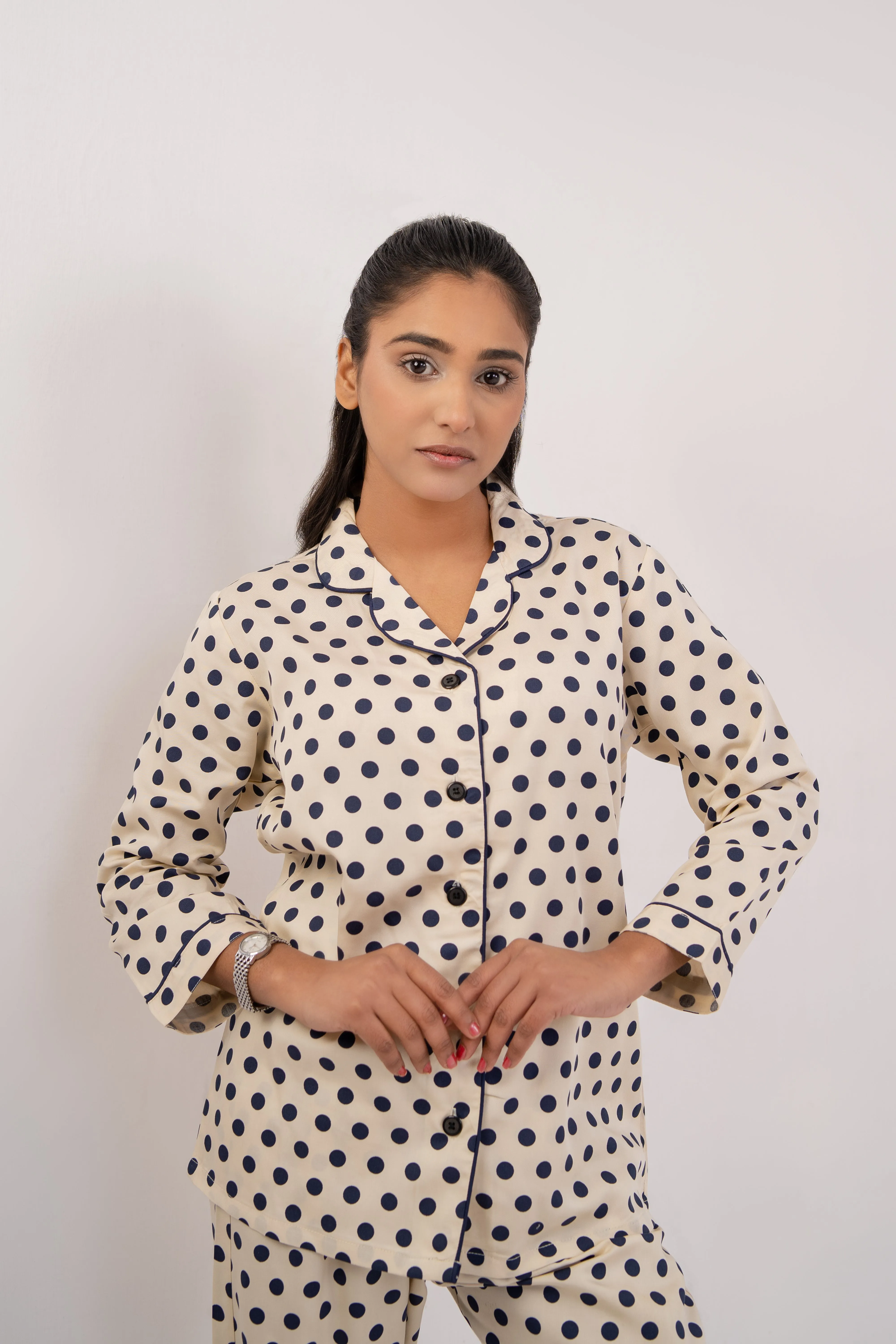 Women Night Suit Grey Polka Dot Deign