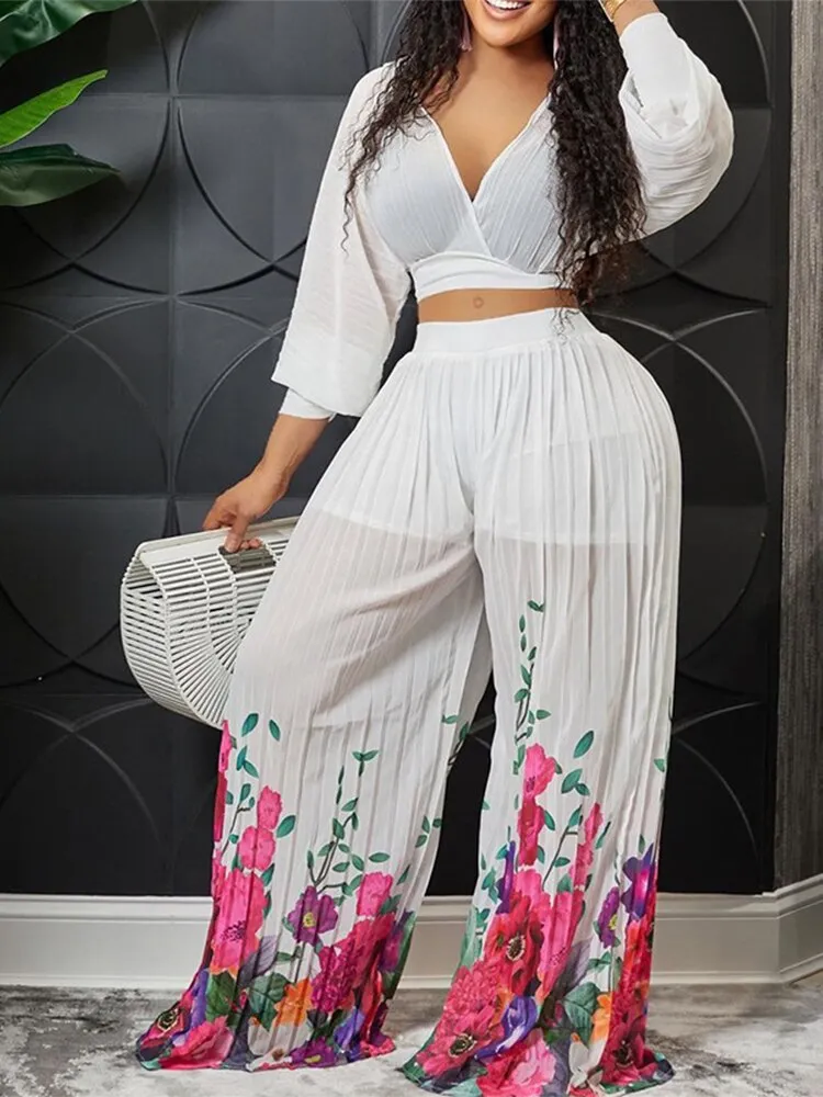 Women Print Pleated Wide Leg Pants 2 Piece Sets Solid V-neck Long Sleeves Crop Tops Suits Summer female Floral Vacation Outfits