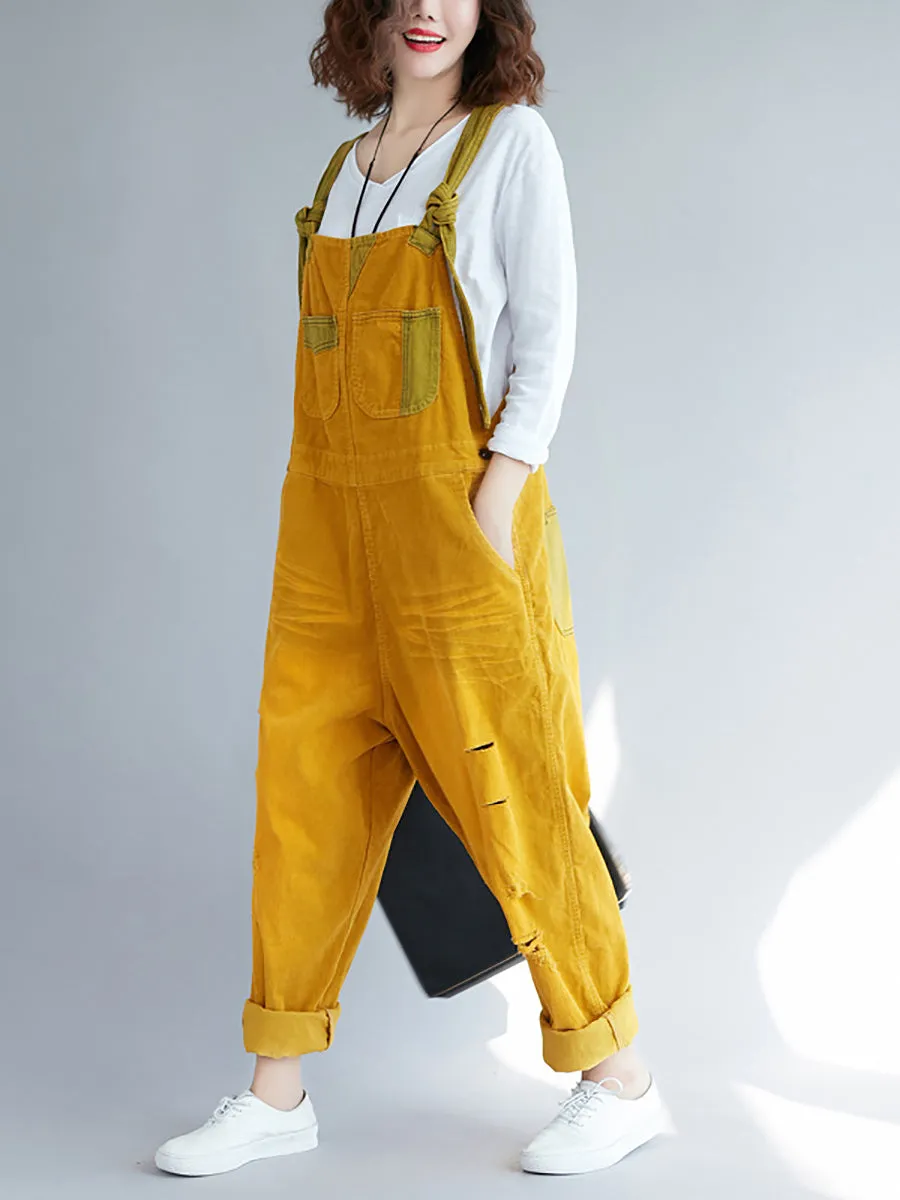 Women Retro Colorblock Autumn Denim Jumpsuits