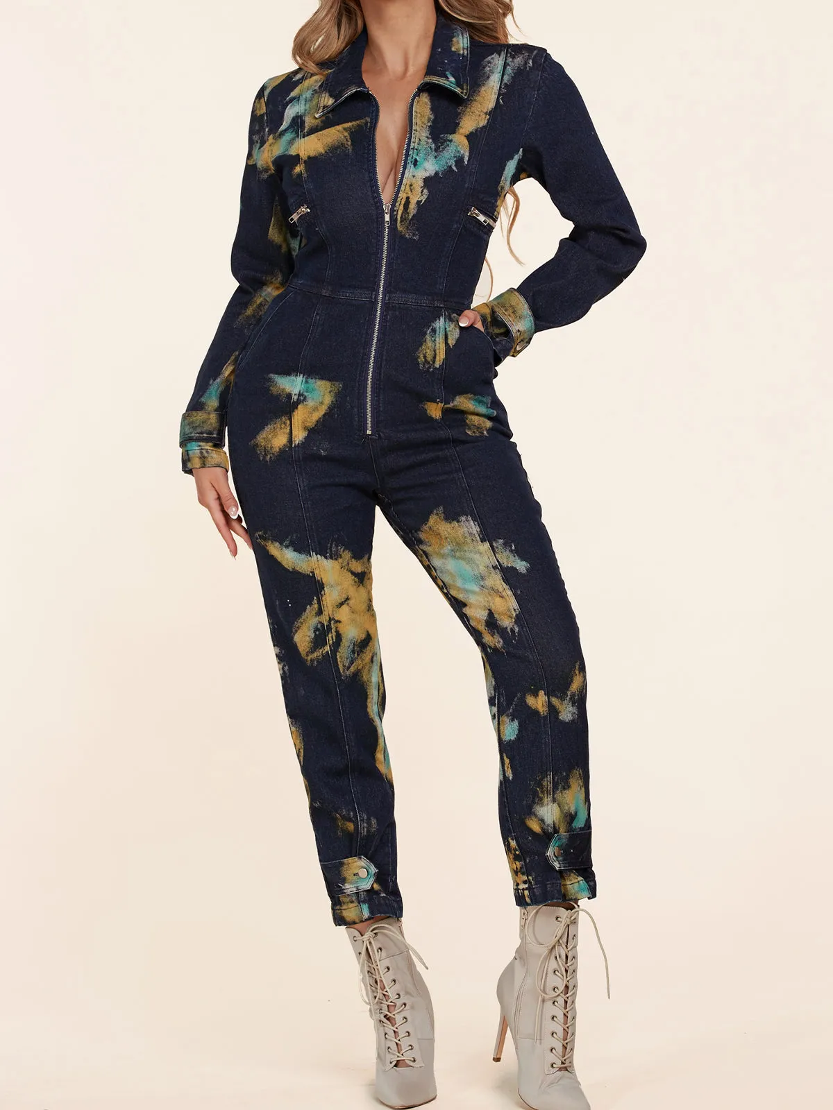 WOMEN'S LONG SLEEVE TIE DYE DENIM JUMPSUIT