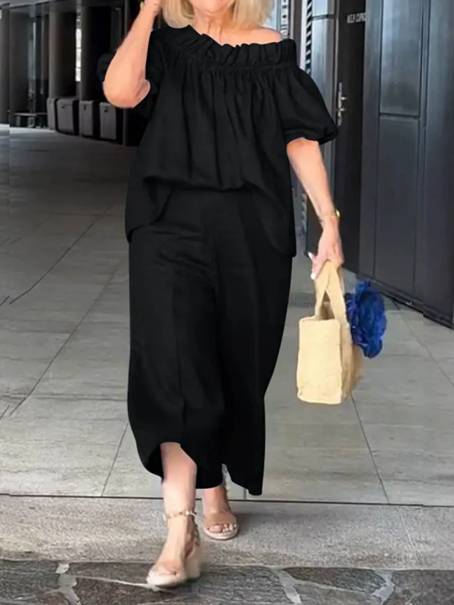 Women's Off-shoulder Ruffle Neckline Casual Holiday Cotton and Linen Pants Set