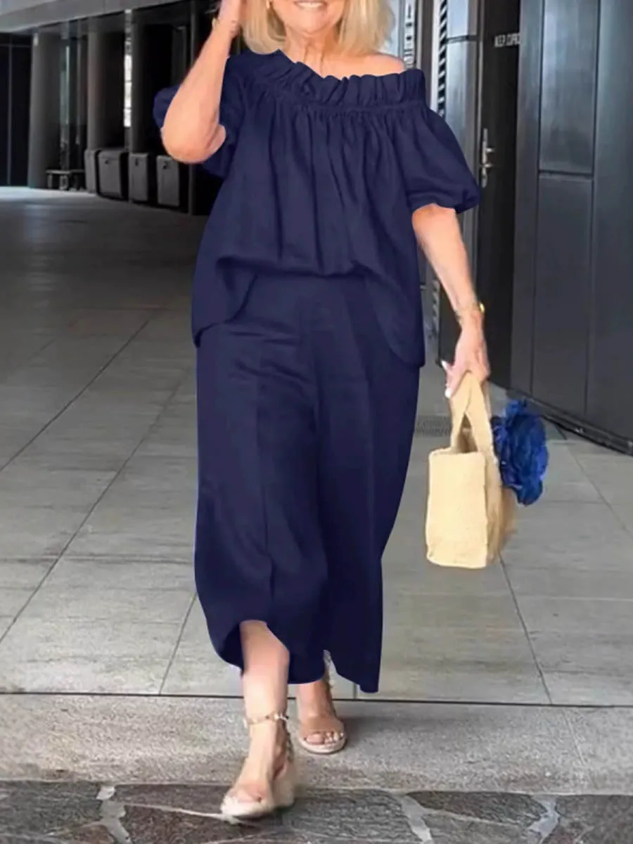Women's Off-shoulder Ruffle Neckline Casual Holiday Cotton and Linen Pants Set