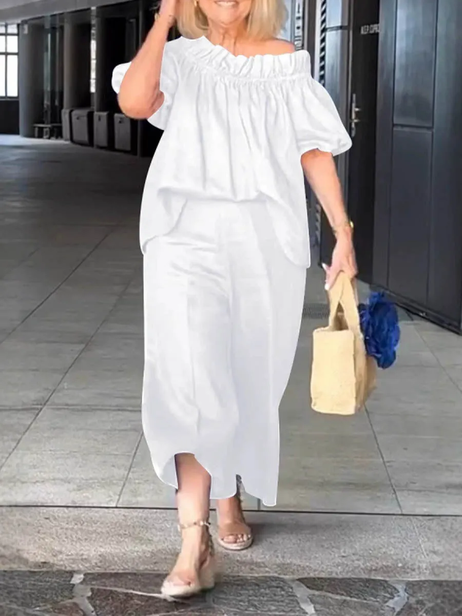 Women's Off-shoulder Ruffle Neckline Casual Holiday Cotton and Linen Pants Set