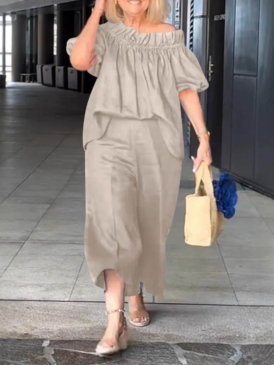 Women's Off-shoulder Ruffle Neckline Casual Holiday Cotton and Linen Pants Set