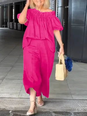 Women's Off-shoulder Ruffle Neckline Casual Holiday Cotton and Linen Pants Set