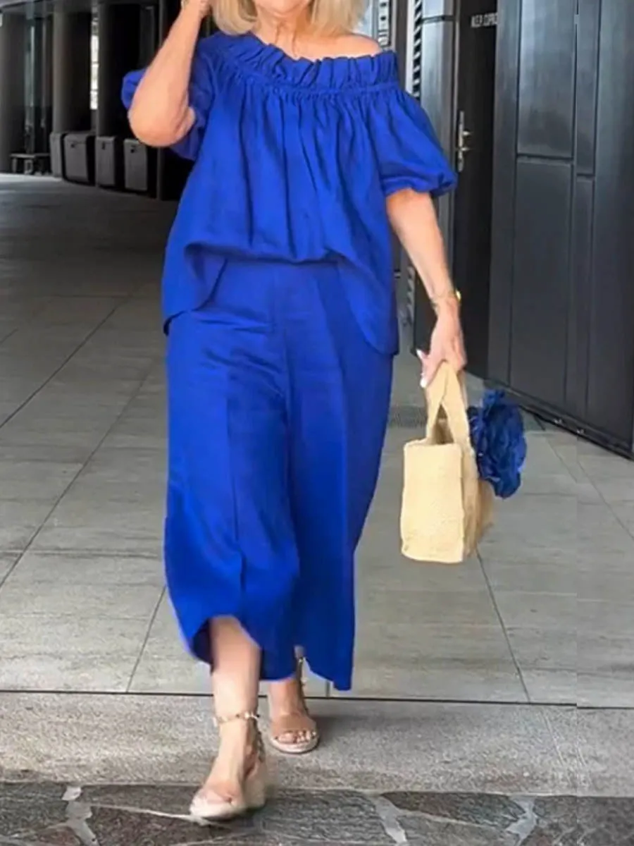 Women's Off-shoulder Ruffle Neckline Casual Holiday Cotton and Linen Pants Set