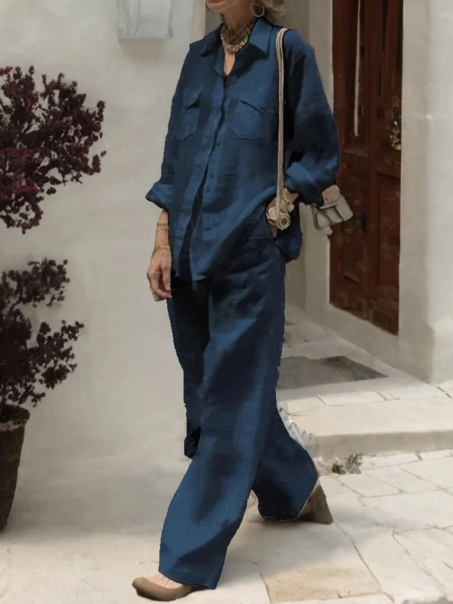 Women's Solid Color Lapel Long Sleeve Pocket Shirt Casual Linen High Waist Wide Leg Pants Set