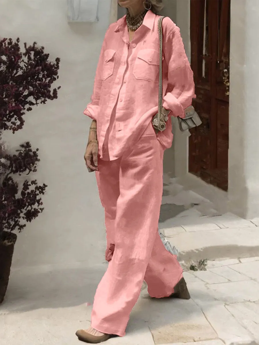 Women's Solid Color Lapel Long Sleeve Pocket Shirt Casual Linen High Waist Wide Leg Pants Set