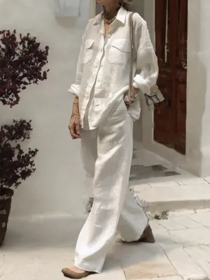 Women's Solid Color Lapel Long Sleeve Pocket Shirt Casual Linen High Waist Wide Leg Pants Set