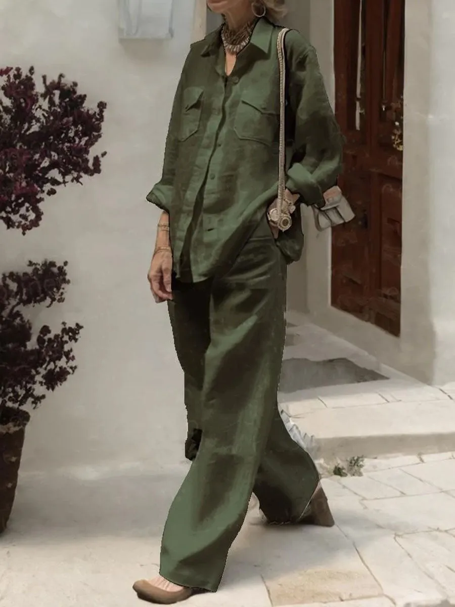 Women's Solid Color Lapel Long Sleeve Pocket Shirt Casual Linen High Waist Wide Leg Pants Set