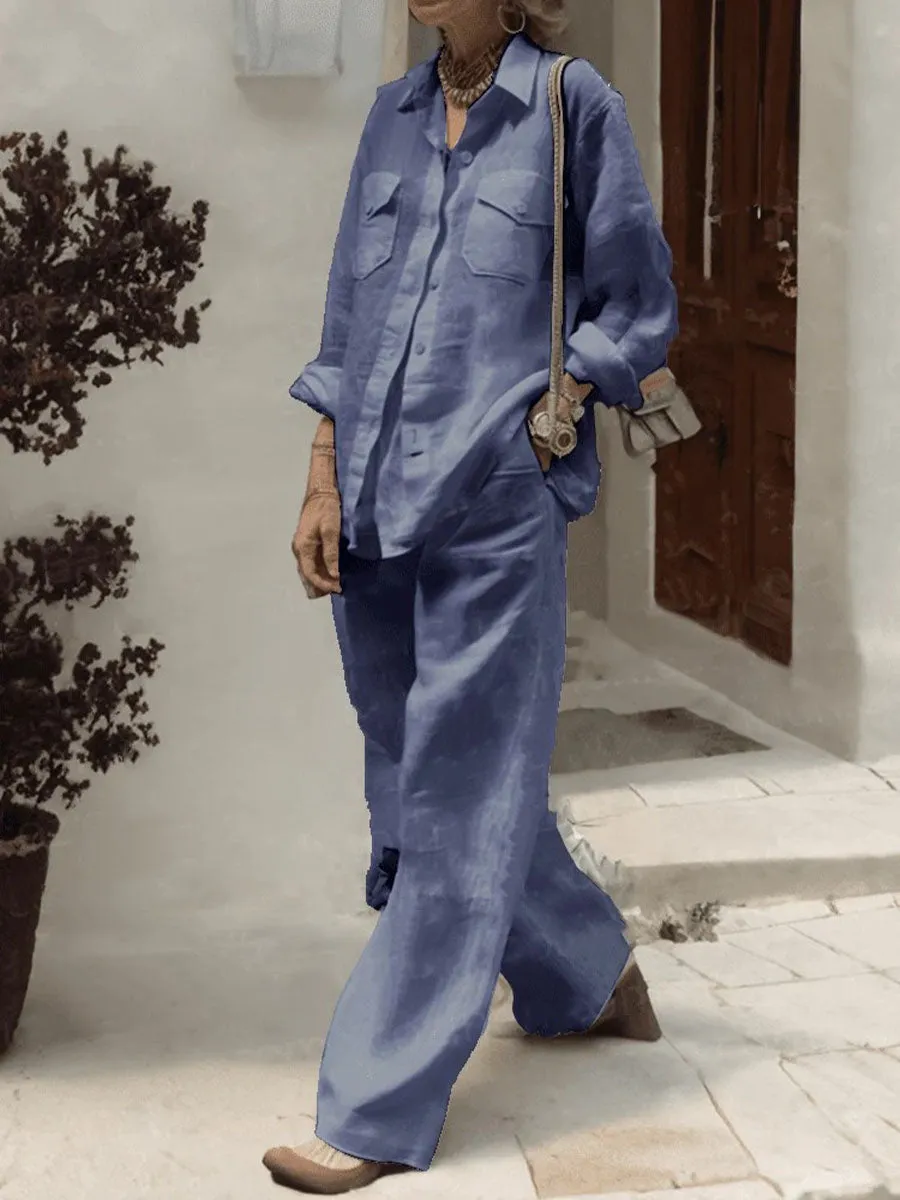 Women's Solid Color Lapel Long Sleeve Pocket Shirt Casual Linen High Waist Wide Leg Pants Set