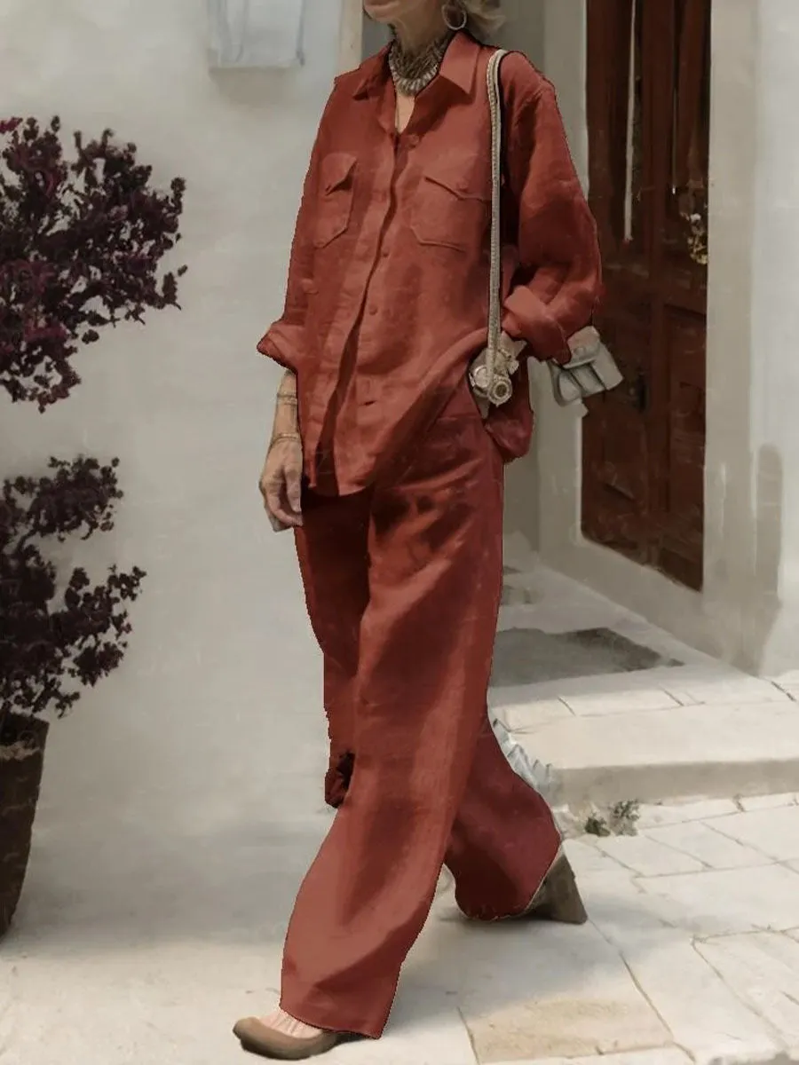 Women's Solid Color Lapel Long Sleeve Pocket Shirt Casual Linen High Waist Wide Leg Pants Set