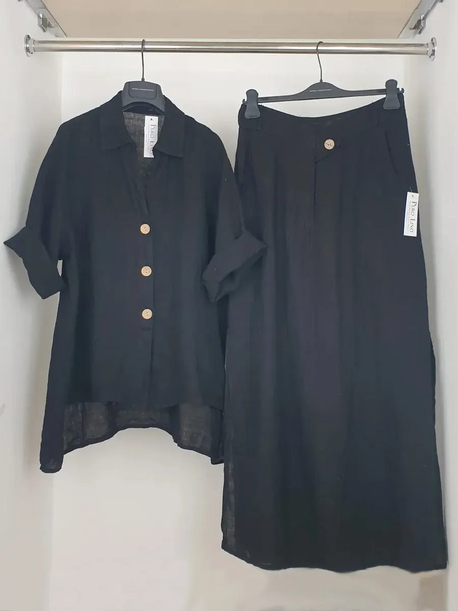 Women's Solid Color Shirt Collar 3/4 Sleeves Casual Linen Cardigan Top Semi-Elastic High Waist Casual Skirt Linen Suit