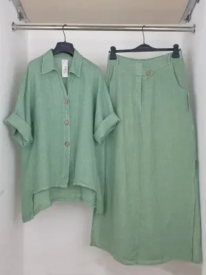 Women's Solid Color Shirt Collar 3/4 Sleeves Casual Linen Cardigan Top Semi-Elastic High Waist Casual Skirt Linen Suit
