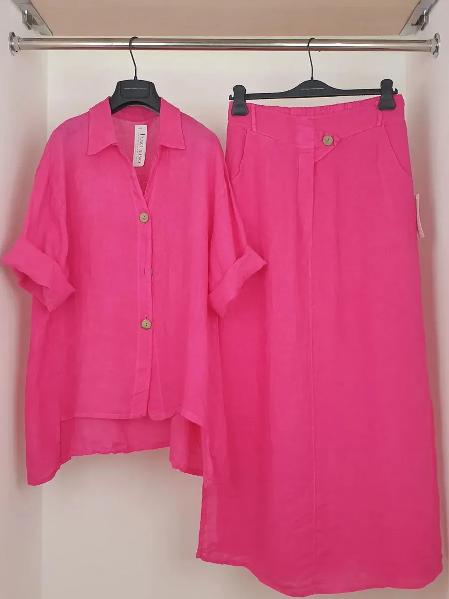 Women's Solid Color Shirt Collar 3/4 Sleeves Casual Linen Cardigan Top Semi-Elastic High Waist Casual Skirt Linen Suit