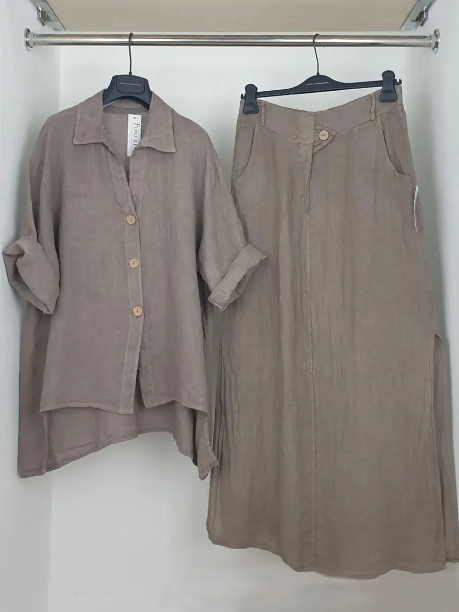 Women's Solid Color Shirt Collar 3/4 Sleeves Casual Linen Cardigan Top Semi-Elastic High Waist Casual Skirt Linen Suit