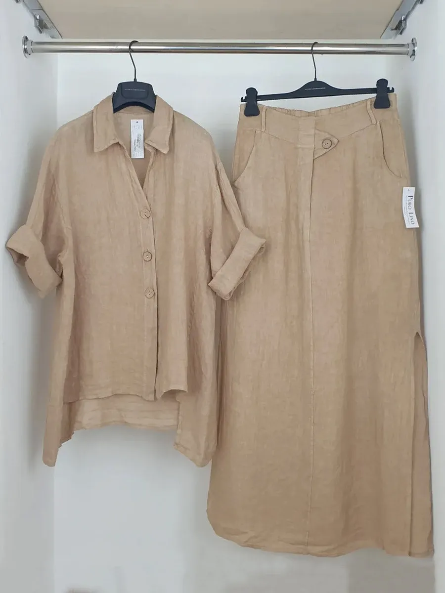 Women's Solid Color Shirt Collar 3/4 Sleeves Casual Linen Cardigan Top Semi-Elastic High Waist Casual Skirt Linen Suit